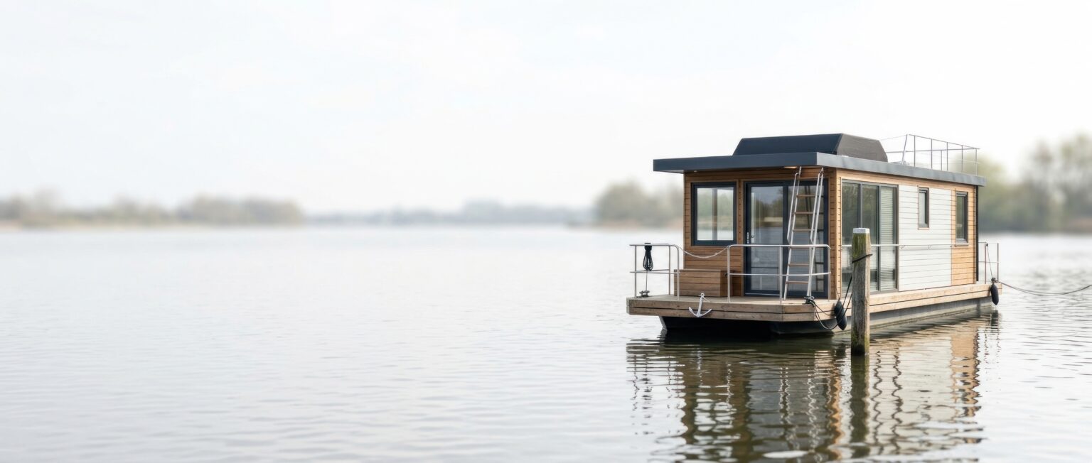 Nowoczesny houseboat z tarasem na spokojnym jeziorze